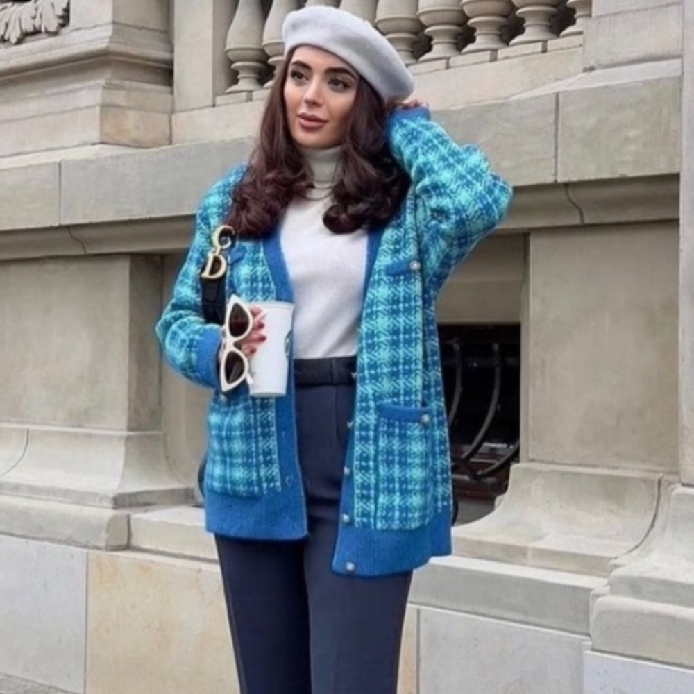 Zara * Plaid Knit Long Cardigan Jacket Blue - Picture 6 of 14